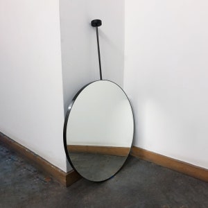 Orbis™ Ceiling Hanging Suspended Round Mirror with Blackened Stainless Steel Frame