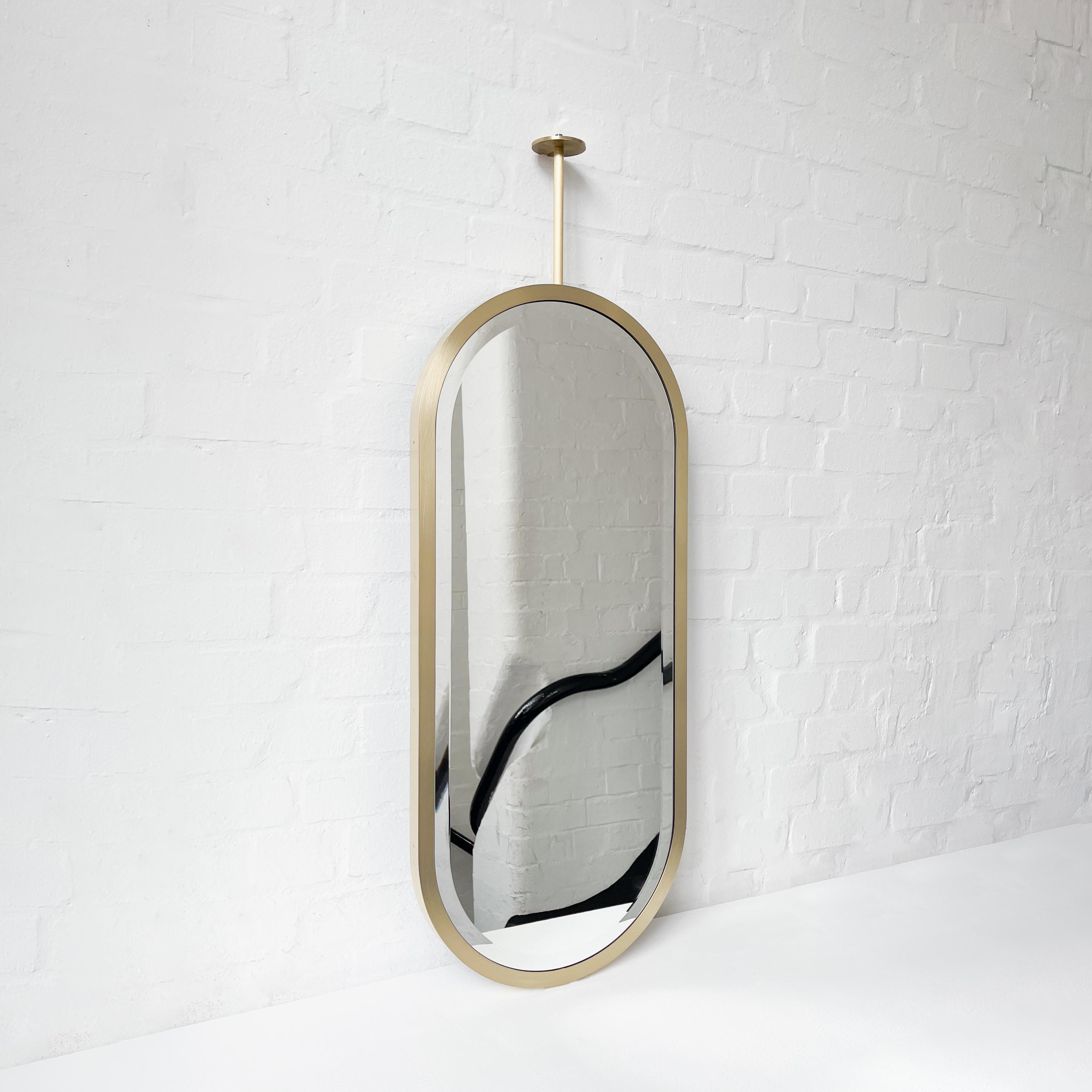 Modern Capsula™ Ceiling Suspended Pill Shape Bevelled Mirror With Brass Full Frame