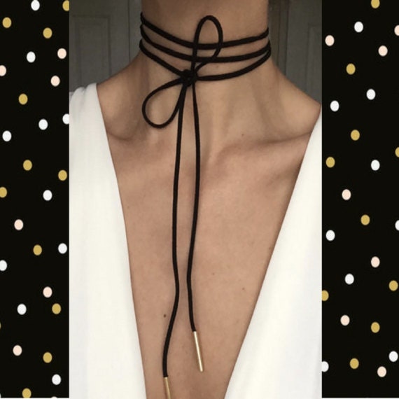 Long Black Faux Suede Leather Necklace Wrap Choker Gold Bar - Black Leather Wrap Choker Long Black Faux Suede Leather Necklace Wrap Choker Gold Bar - Black Leather Wrap Choker