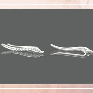 Może przedstawiać: Para srebrnych kolczyków, jeden w kształcie liścia, a drugi w kształcie zakrzywionej linii.