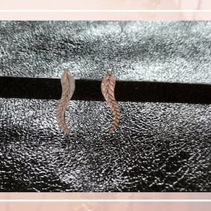 May include: A pair of silver feather earrings. The earrings are small and delicate, and they have a simple, elegant design.