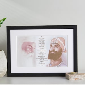 Cadre Guru Nanak Dev Ji & Guru Gobind Singh Ji avec Mool Mantar - oeuvre d'art murale sikh - pendjabi/gurmukhi ou anglais - cadeau religieux décoration d'intérieur
