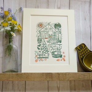 My Happy Place. Garden and greenhouse with cats. Gardening. Allotment. Grow your own. Dig for victory. Cat. Original linocut print.