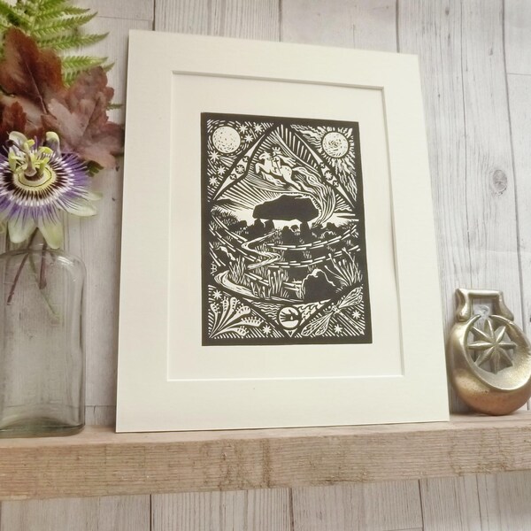 King Arthur's Stone Linocut Print, Folklore Art, Gower Wales