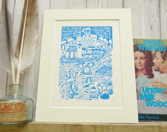 Dylan Thomas's Under Milk Wood. Llaregyb. Welsh Literature Play Poetry Poem. Dylan Thomas. Wales. Under Milk Wood. Original linocut print