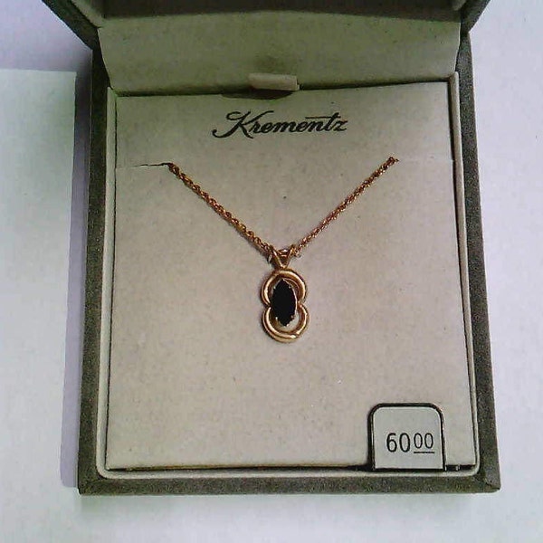 Vintage Krementz 14K Gold Overlay Figure 8 Black Onyx Marquise Pendant and Chain Necklace