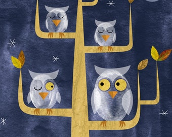 Whooo Is There? Owl Print by Joyce Hesselberth, Owl Illustration Print, Woodland Nursery Decor, Night Owl Art Print