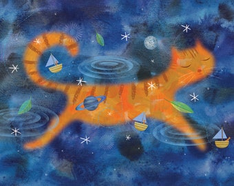 Sam's Dream by Joyce Hesselberth, Dreaming Cat Illustration, Celestial Cat Art, Mapping Sam Art, Children's Book Illustration, 16x20