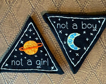 Not a girl, Not a boy - Planet Design Nonbinary / Trans Pride Patch. Agender. Trans Man. AFAB. Trans woman. AMAB.