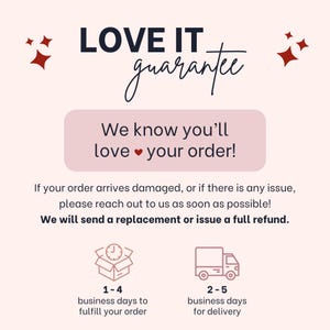 Pu&ograve; includere: Grafica con il testo "LOVE IT guarantee" e "We know you'll love your order!" in un riquadro rosa. Sotto, si afferma che vengono offerti sostituzioni o rimborsi. Le icone mostrano i tempi di evasione e di consegna.