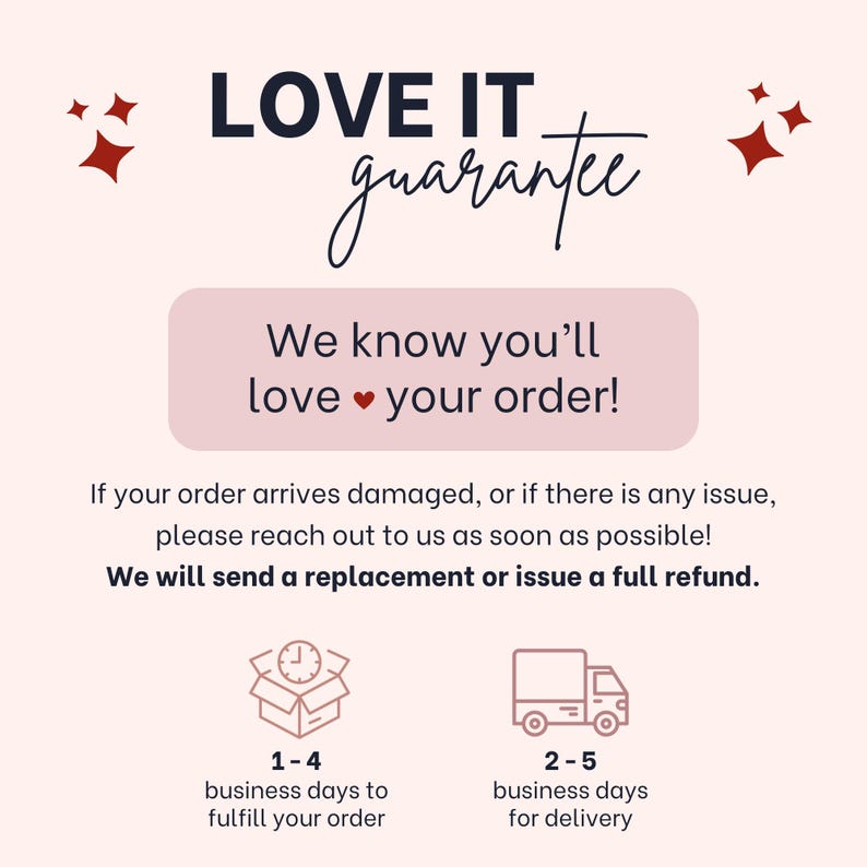 Pu&ograve; includere: Grafica con il testo "LOVE IT guarantee" e "We know you'll love your order!" in un riquadro rosa. Sotto, si afferma che vengono offerti sostituzioni o rimborsi. Le icone mostrano i tempi di evasione e di consegna.