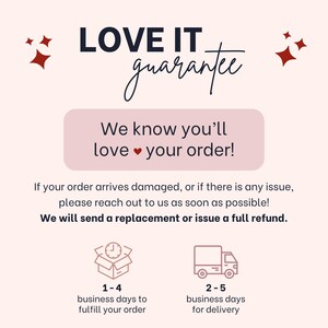 May include: A graphic with the text "LOVE IT guarantee" and "We know you'll love your order!" in a pink box. Below, it states that replacements or refunds are offered. Icons show fulfillment and delivery times.
