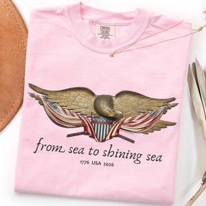 May include: A light pink t-shirt with a detailed eagle graphic and the text "from sea to shining sea" and "1776 USA 2026". A gold necklace is draped across the shirt.