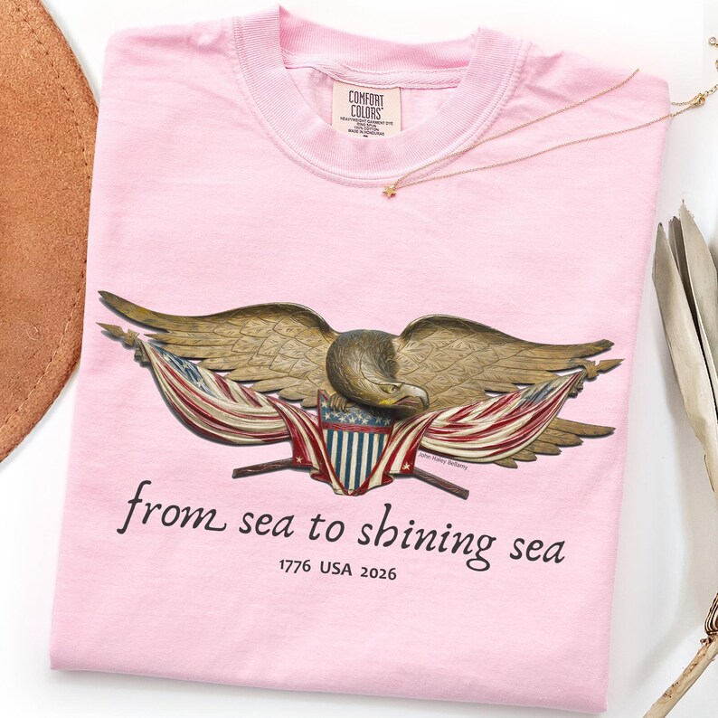 May include: A light pink t-shirt with a detailed eagle graphic and the text "from sea to shining sea" and "1776 USA 2026". A gold necklace is draped across the shirt.