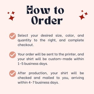 May include: A graphic with the text "How to Order" in a stylized font. The image provides instructions: select size, color, and quantity; order is sent to printer; shirt is custom-made in 1-5 days; and arrives in 4-7 days.