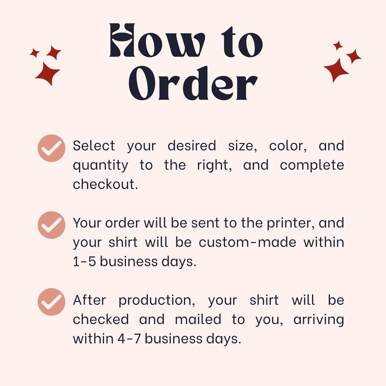 May include: A graphic with the text "How to Order" in a stylized font. The image provides instructions: select size, color, and quantity; order is sent to printer; shirt is custom-made in 1-5 days; and arrives in 4-7 days.