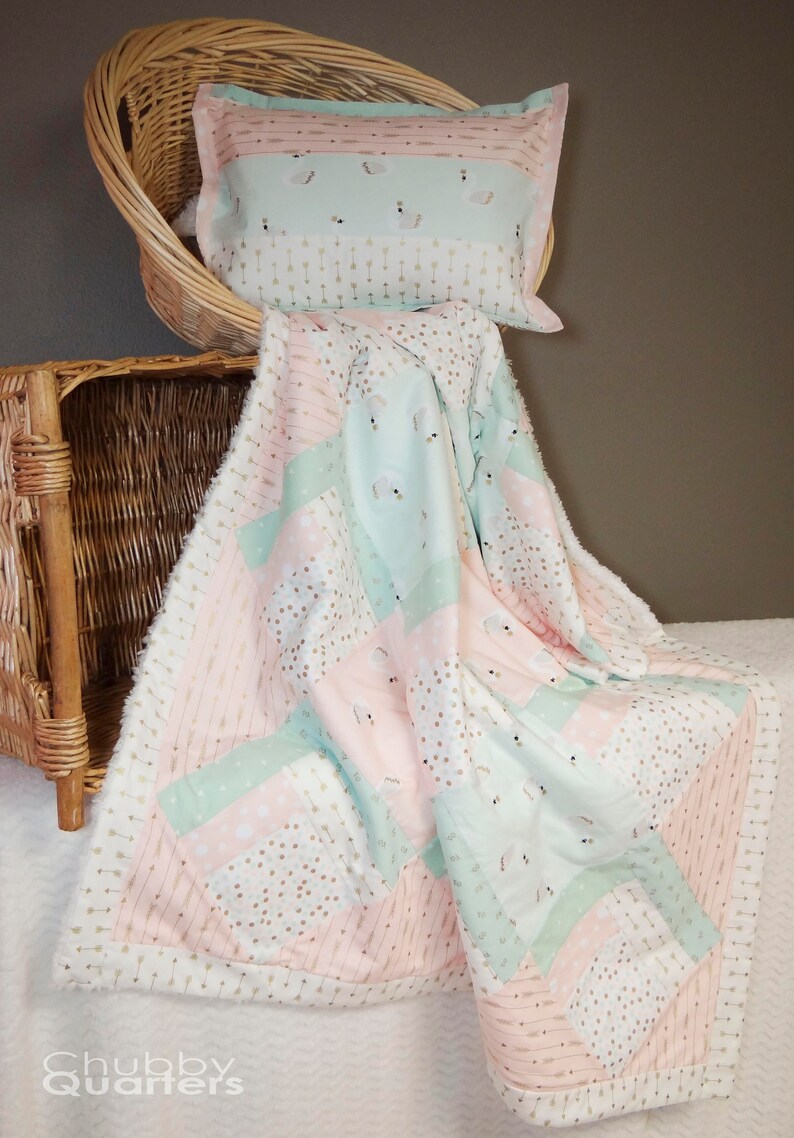 Baby Quilt and Pillowpink and Mint Quiltswan Quiltbaby Etsy