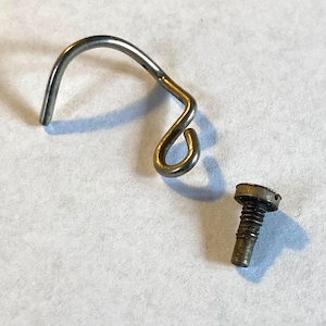 May include: A silver-toned metal wire component with a curved, hook-like shape and a small loop at one end, positioned next to a small, threaded metal screw with a flat, slotted head. Both items are metallic and have a smooth, reflective finish.