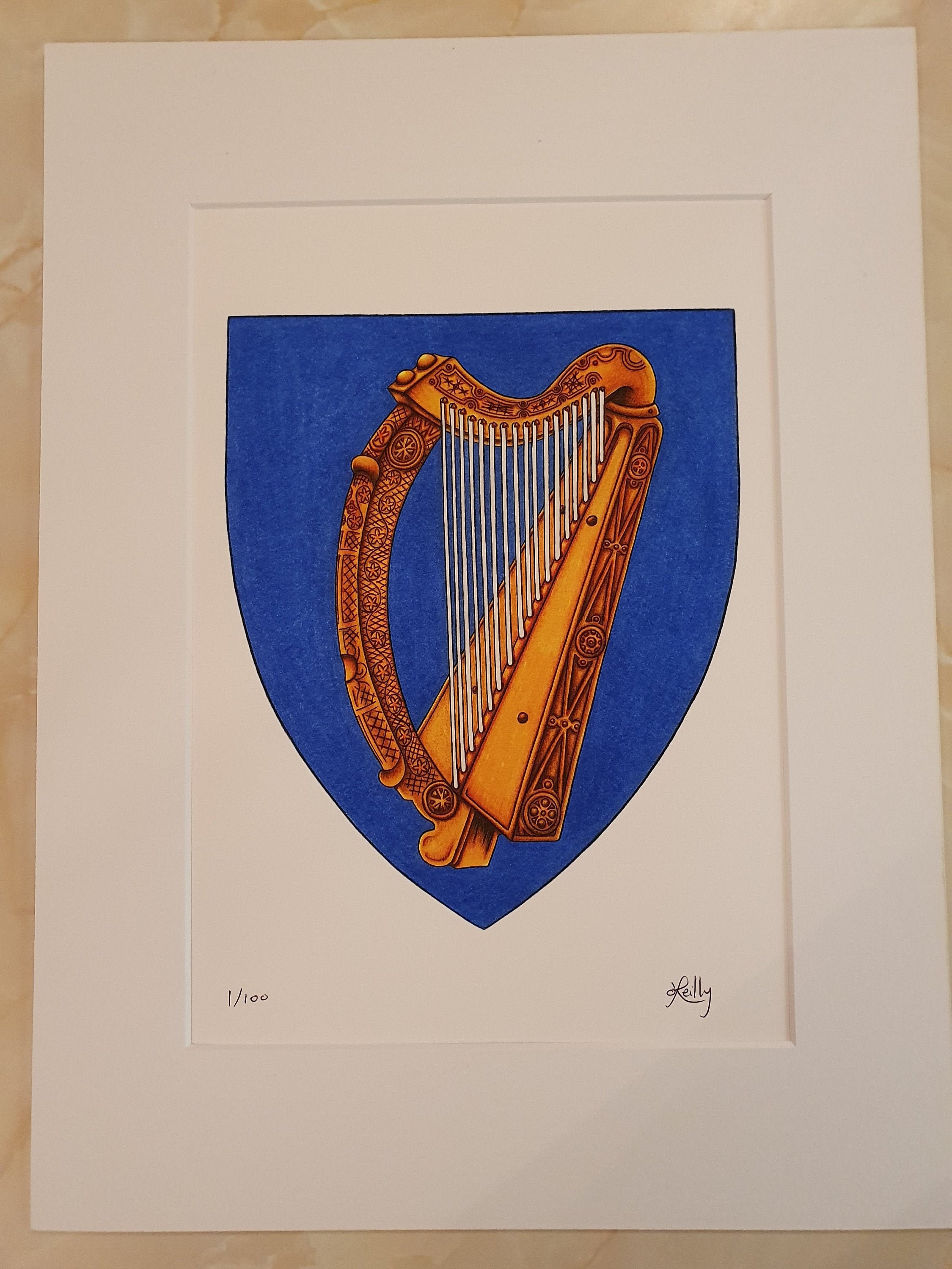 thumbnail image 2 of Irish Coat Of Arms Sticker - Celtic Harp On Blue Shield Shape 4x5 Inch Waterproof Decal 2 of 9