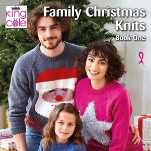 May include: A family of three wearing festive Christmas sweaters. The father is wearing a gray sweater with a Santa Claus design, the mother is wearing a pink sweater with a silver star, and the child is wearing a blue sweater with a snowman design. The image includes the text "Family Christmas Knits Book One" and "Designed by Jenny Watson".