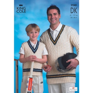 May include: A knitting pattern for a white cable knit sweater and vest with black and yellow stripes. The pattern is for sizes 24-46 inches (61-117 cm).