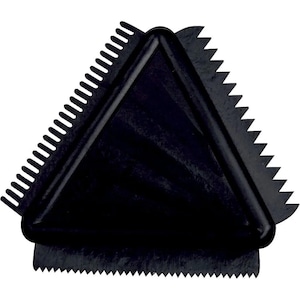 May include: Black triangular scraper with a serrated edge and a comb on one side. The scraper is made of plastic and is designed for removing excess grout or adhesive.