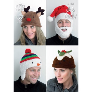 May include: Four different knitted hats with festive designs. The hats include a reindeer, Santa Claus, snowman, and Christmas pudding.