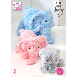 May include: Three plush elephant toys in blue, pink, and gray. The largest elephant is 27 to 43 inches tall. The pattern is called "super chunky" and is from King Cole.
