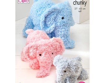 May include: Three plush elephant toys in blue, pink and grey. The largest elephant is 27 to 43 cm tall. The pattern is called "super chunky" and is from King Cole.
