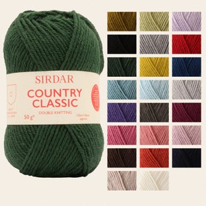 May include: A ball of dark green Sirdar Country Classic Double Knitting yarn, 50 grams, 125 metres/136 yards. A colour chart shows 24 different colours of yarn.