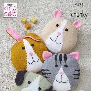 May include: Four knitted animal cushions in the shapes of a cat, dog, hamster, and rabbit. The cushions are all in different colors and have embroidered faces. The text "Quick Knit" and "9178 chunky" are visible in the image.