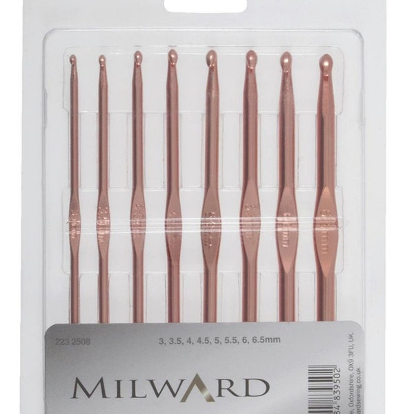 Milward Crochet Hook Set - Rose Gold - 15cm x 8 Sizes - Gift Hobby