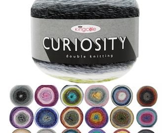 May include: A ball of King Cole Curiosity double knitting yarn featuring a gradient of green, white, gray, and black tones. The label displays the text King Cole CURIOSITY double knitting. Below, eighteen additional balls of yarn in various colorways.
