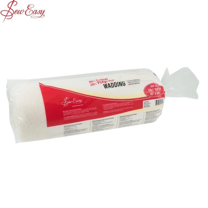 May include: A white roll of 80% cotton and 20% polyester batting, labeled "Sew Easy" and "Wadding". The roll is 45 inches by 60 inches.