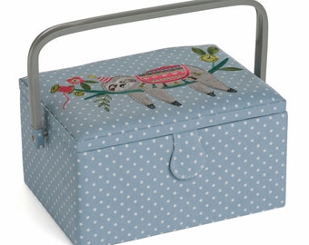 HobbyGift Medium Sewing Basket Embroidered Blue Polka Dot Sloth Design