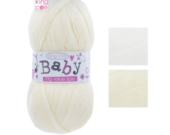 May include: A ball of King Cole Baby yarn in a cream color. The yarn is a 3-ply big value yarn. The label features a cartoon cat and mouse.