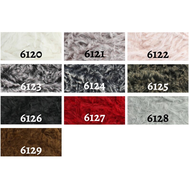 May include: A colour chart of nine different faux fur yarn colours. The colours are: white, light pink, grey, black, red, brown, dark grey, light grey, and green.