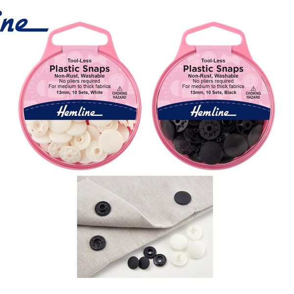 Hemline Tool-less Plastic Snaps 9mm or 13mm No pliers required white Black 10 in Pack