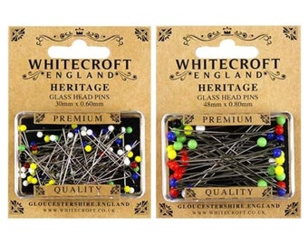 Whitecroft Heritage Glass Head Pins - 2 Sizes: 30mm or 48mm - Sewing Quilting Hems Pleats Ironing