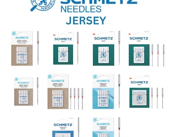 May include: Assortment of Schmetz sewing machine needles in various sizes and types, including Jersey and Overlock needles. The needles are packaged in small, clear plastic boxes with blue and white labels. The boxes are arranged in rows on a white background.