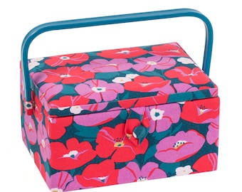 HobbyGift Sewing Box (Medium ): Modern Floral, Basket, Flowers, Tray Inside