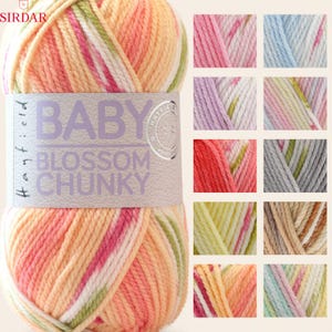May include: A ball of "Baby Blossom Chunky" yarn in pastel shades of peach, pink, and green. The label reads "Baby Blossom Chunky" and features a variety of colour swatches. The yarn is suitable for baby blankets and other knitting projects.