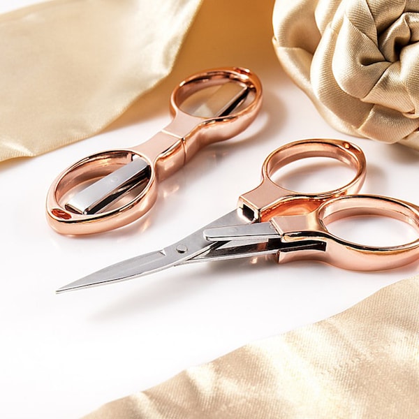 Hemline Rose Gold Folding Scissors - 3.9"/10cm - Crafts Embroidery Trim Threads Compact