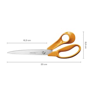 May include: Orange-handled scissors with silver blades. The scissors measure 9.8 inches long and 5 inches wide. The handles are a bright orange color, and the blades are silver. The scissors are designed for cutting fabric and other materials.