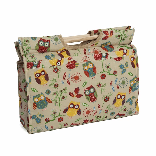 Sac d'artisanat à tricoter HobbyGift avec poignées en bois - Motif hibou