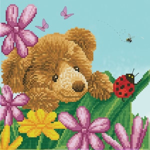 May include: A brown teddy bear peeking out from behind a cluster of purple and yellow flowers. A ladybug and a bee are flying nearby.
