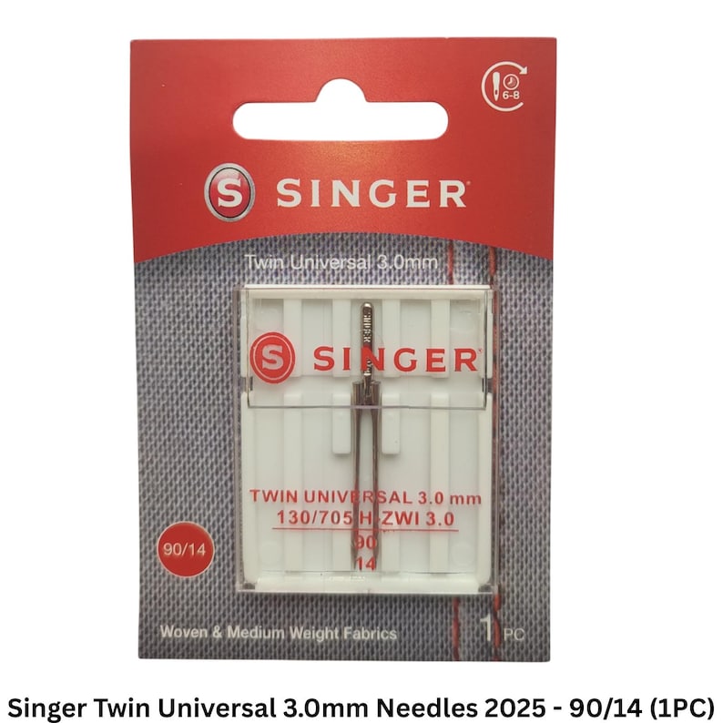 May include: A Singer twin universal sewing machine needle in a clear plastic case on a red and gray cardboard backing. The packaging displays the text Singer, Twin Universal 3.0 mm, 130/705 H ZWI 3.0, 90/14, and Woven & Medium Weight Fabrics.