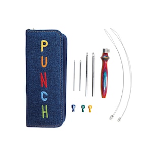 May include: A denim pouch with the word "PUNCH" embroidered in rainbow colors, containing a set of punch needle tools. The set includes five needles, two hoops, and four colored plastic tips.