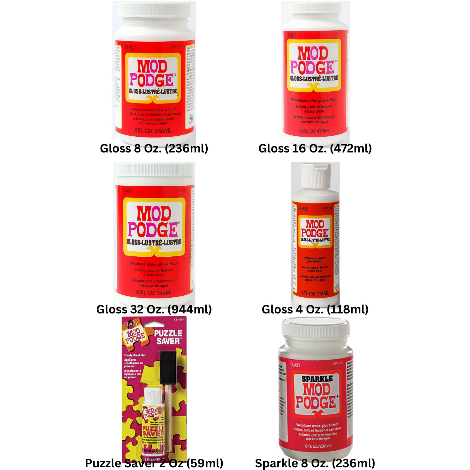 5x 59ml Mod Podge: Sparkle, Gloss, Matt, Outdoor & Paper, Colla Per Decoupage