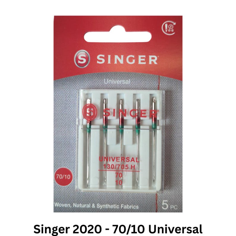 May include: A pack of five Singer Universal sewing machine needles, size 70/10, displayed in a clear plastic case on a red and white card. The packaging features the Singer logo, the text Universal 130/705 H, and indicates suitability for woven, natural, and synthetic fabrics.